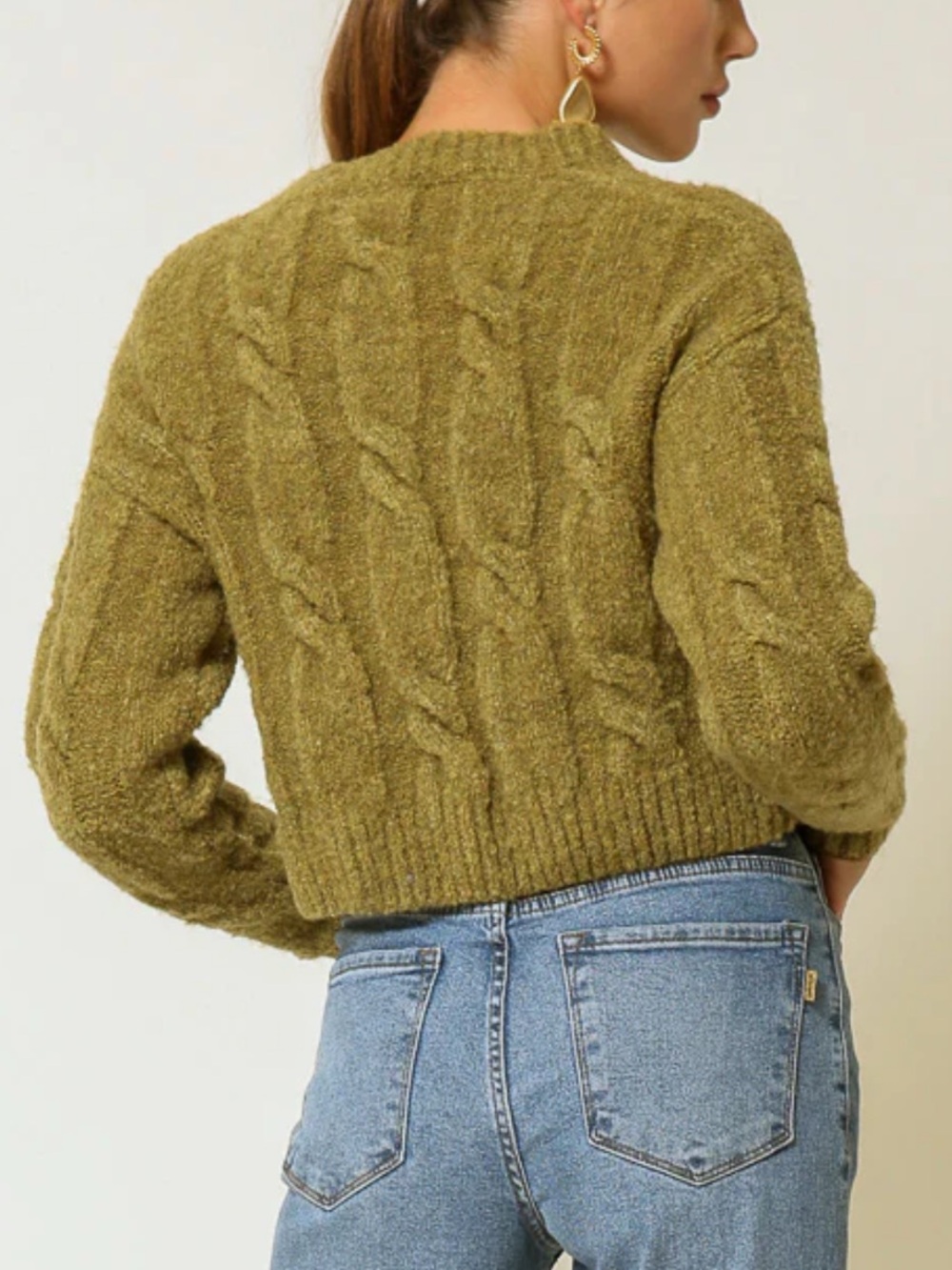 Line & Dot Clover Sweater Olive Green Cable Knit Cropped Cardigan Cozy Size L - Picture 2 of 8